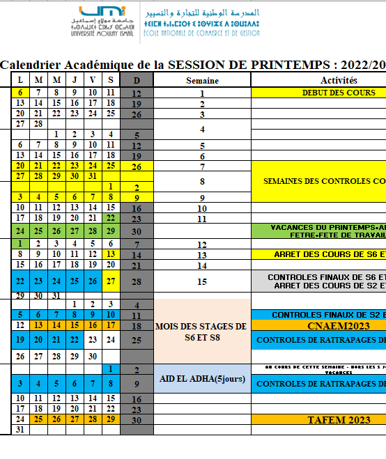 Calendrier académique de la session de printemps 2022-2023