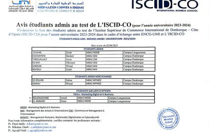 Etudiants admis au test de l’ISCID-CO (pour l’année universitaire 2023-2024)